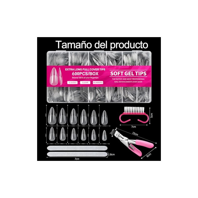 600 Pcs Uñas Postizas Transparentes con Kit 4pzs Manicure y
