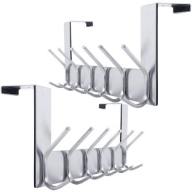 WEBI Over The Door Hooks Door Hanger:Over The Door Towel Rack with 6 Hooks for Hanging,Door Coat Hanger Towel Hanger Over Door Coat Rack for Towels,Clothes,Silver,2 Packs