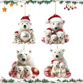 4Pcs Christmas Bear Hanging Ornaments, Cute Bear Family Christmas Tree Decoration Acrylic Polar Bear Pendant Ornament with Strings Festive Craft Gift for Home Decor, Backpack Car Hanging Accessories