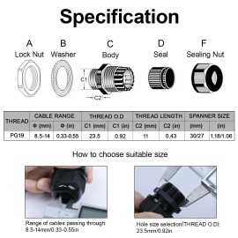 Lemotech 20 Pack PG19 Cable Glands Waterproof Adjustable Cable Range 8.5-14mm Cord Con...