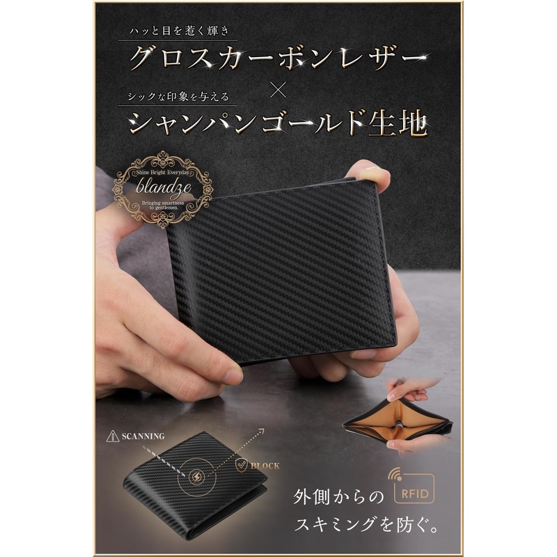Brunze Wallet, Men's, Bi-Fold, Glossy, Carbon Leather, Bifold, Compact Wallet,