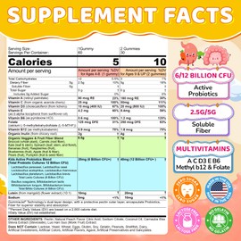Probiotics for Kids + Veggie & Fruit Fiber Gummies, with 12 Billion CFU Probiotic, Organic Inulin Prebiotics Fiber, Methyl B12, B6, C for Children's Digestive & Gut, Immune Health, Sugar Free, 2Pack