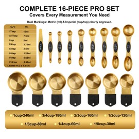 Gold Magnetic Measuring Cups & Spoons Set of 16, 7 Stainless Steel Measuring Cups, 8 Double-Sided Measuring Spoons & 1 Leveler, Premium Finish Baking Tools Kitchen Gadget for Dry & Liquid Ingredients