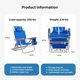 SUNNYFEEL Portable Beach Chair, Lightweight Beach Chair for Adults, Folding Camping Chair with Side Table & Organizer Bag, 3 Position Adjustable, Support 300lbs Heavy Duty, Low Back, Blue