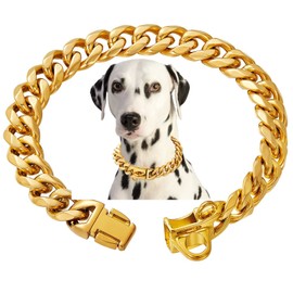 Stainless Steel 18K Gold Dog Collar with Secure Locking Buckle – 15MM Cuban Link Chew-Proof Chain for Small, Medium & Large Dogs