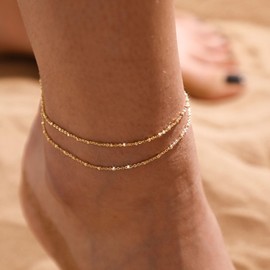 Rotnso Anklets for Women 14K Real Gold Plated Ankle Bracelets Trendy Waterproof Boho Beaded Link Chain Anklets Set Dainty Cute Simple Non Tarnish Summer Beach Jewelry Gift
