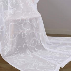 Floral Embroidery Sheer Curtains White 45 Inch Length, Vintage Rod Pocket Voile Drapes for Living room, Bedroom, Window Treatments Semi Crinkle Curtain Panels for Villa, Parlor, Set of 2, 52"x 45".