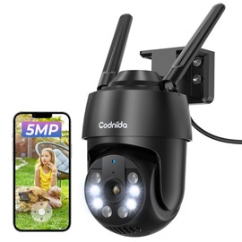 Codnida 5MP Outdoor WiFi Surveillance Camera, 2.4/5 GHz WiFi Camera Outdoor with Motion Sensor, Automatic Tracking, 24/7 Recording, Coloured Night Vision, IP66, 2-Way Audio, Black (Alexa Support)