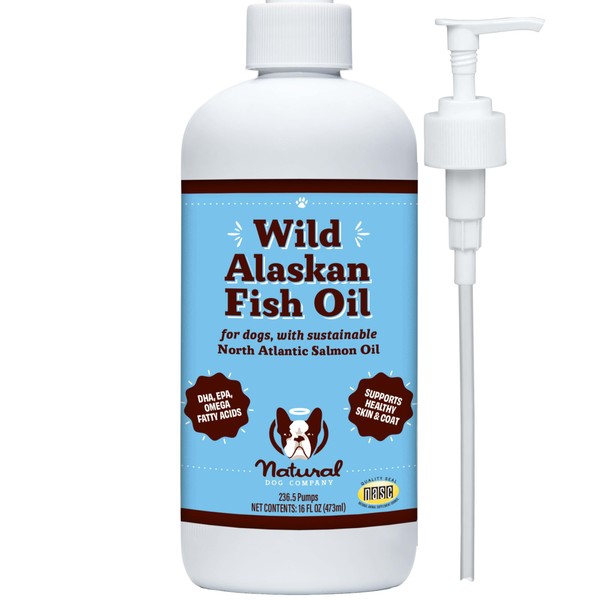 Natural Dog Company Wild Alaskan Fish Oil for Dogs (16oz Liquid Pump Bottle) - Sustainable Blend of Wild Salmon & Pollock Oil - Has Omega 3 EPA & DHA - Reduces Shedding, Nourishes Skin, Coat & Joints