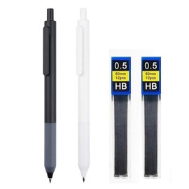 2 PZS Portaminas 0.5 mm, HB #2, Equipado con 24 Piezas Minas de Lápiz HB, Agarre Silicona para Mayor Comodidad y Control, Paquete de 2 (Blanco y Negro)