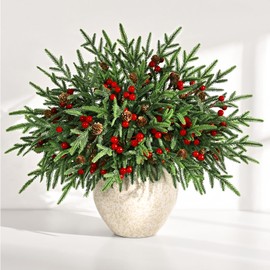 19" Real Touch Norfolk Pine Stems with Pine Cones & Red Berries, 5 Pcs Christmas Greenery Stems, Artificial Norfolk Pine Branches for Decorating Vase DIY Craft Garland Indoor Outdoor Home Decor