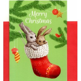 Unbranded Merry Christmas Cozy Cuddle Bunny Rabbits Stocking Blank Inside Greeting Card