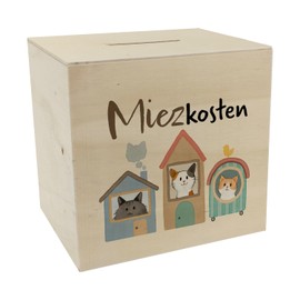 Wooden Cat Money Box with Saying Miezkosten Für Katzenmensch Sparen leichtgemacht im Miezhaus Glückskatze Design Ideal for Pet Fans Rent Rent