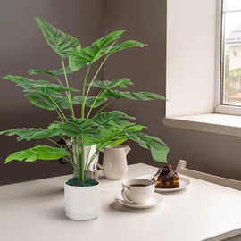 28" Fake Plants Large Artificial Monstera Faux Plants Indoor Tall with White Pot for Outdoor Floor Front Porch Decor