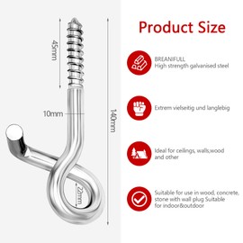 BREANIFULL Pack of 3 safety screw hooks, M10 safety hooks for swing, high-strength ceiling hooks with thread for use in wood and with dowels in stone and concrete