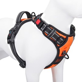 PHOEPET Arnés reflectante para perro, para razas grandes, ajustable, sin tirones, con asa, 2 anillos de metal, 3 hebillas [fácil de poner y quitar] (L, naranja)