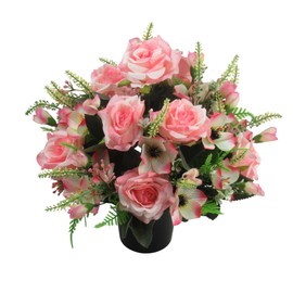 Artificial Grave Flower Arrangement in pot with large two-tone pink open roses, alstroemeria and astilbe, 27cm - long-lasting memorial arrangement