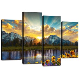 Grand Teton Mountain Canvas Wall Art 4 Piece, Nature Sunset Sunflower Scenery Pictures Wall Decor 48x32" National Park Lake Landscape Painting Artwork for Living Room Bedroom Kitchen Home Decoration