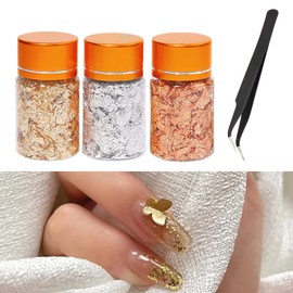 Divono 3 Bottles Gold Leaf Flakes,Gold Foil,With Tweezers Home Decoration Gold Leaf Flakes,Shiny Copper Foil Easy to Store for Makeup, Nail Decoration, Art Decoration and Painting Art