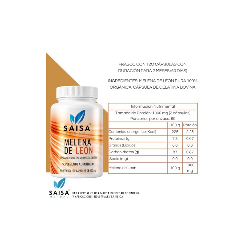 SAISA HERBAL Melena de León,120 Cápsulas | Memoria, Concentración, Bienestar