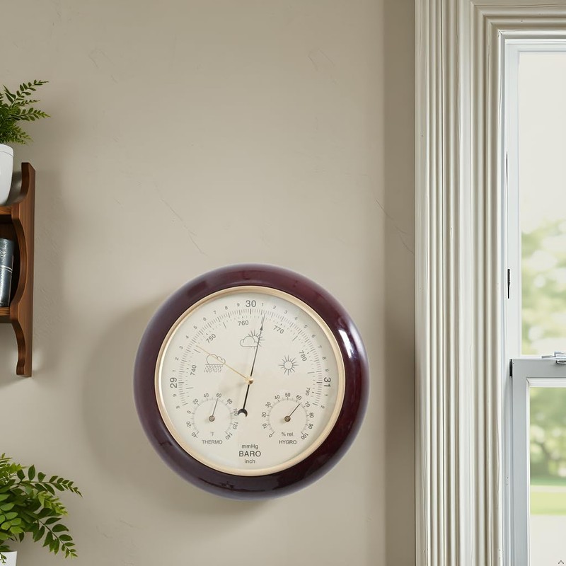 3 in 1 Cherry Round Wood Weather Station 9 Inch