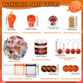 Aoriher 266 Pcs Basketball Party Favors Basketball Party Supplies Gifts Set Basketall Stress Ball Stickers Whistle Keychain Bracelet Erasers Badges Organza Bags Thank You Tags for Basketball Birthday