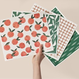 RECYCO Swedish Dishcloths for Kitchen | 4 Pack Peachy Leaves Washable Dish Rags | Cellulose Reusable Cleaning Paper Towels | Absorbent Counter Dish Cloth Sponge XL Kitchen Wipes, 12" L x 10" W