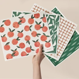 RECYCO Swedish Dishcloths for Kitchen | 4 Pack Peachy Leaves Washable Dish Rags | Cellulose Reusable Cleaning Paper Towels | Absorbent Counter Dish Cloth Sponge XL Kitchen Wipes, 12" L x 10" W