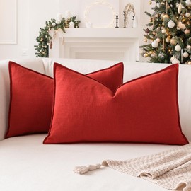Sungeek Set of 2 Soft Linen Decorative Cushion Covers 30cm x 50cm Solid Farmhouse Throw Pillow Covers Boho Accent Cushion Cases for Sofa Couch Chair Bedroom Home Decor Pillowcases, Red
