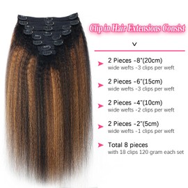 Mihugass Kinky Straight Clip in Hair Extensions Real Human Hair For Women Highlight Hair Extensions Kinky Straight Clip ins (16inch,T1BP1B/30)