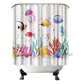 FuShvre Sea Animal Shower Curtain Fish Seaweed Seahorse Corals Algae Jellyfish Bubbles Ocean Life Summertime Bath Curtain Fabric Bathroom Decor Hooks Included 72"X72" Pale Yellow