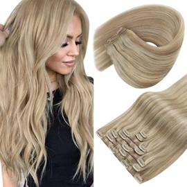 Sunny Hair Clip in Hair Extensions Straight Human Hair Clip in Extensions Remy Clip in Hair Extensions Real Human Hair Extensions Clip ins Golden Blonde Highlights Light Blonde 16inch
