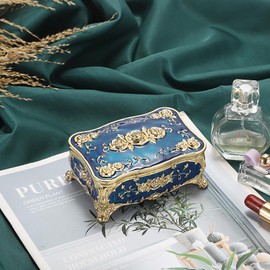 Hipiwe Metal Jewelry Box with Rose Pattern - Vintage Trinket Organizer Box Rectangular Keepsake Storage Box for Ring Earrings Necklaces Home Decor Gift for Women, Blue