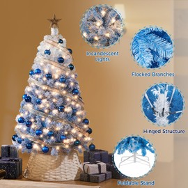 Yaheetech 4.5ft Pre-lit Artificial Christmas Tree W/Incandescent Warm White Lights, Flocked Full Prelighted Xmas Tree with 340 Branch Tips, 150 Incandescent Lights & Foldable Stand, Lake Blue Gradient