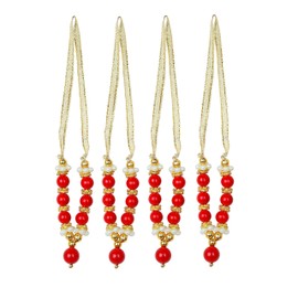 Set of 4 Mala Artificial Beads Ribbon Garland, Small Idol Mala Pooja Sringar Articles Ornament Indian Traditional Festival Decoration Home Decor for God Frame (Size: -2 Inches) (Red and Golden)