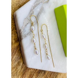 Gold and Pearl Threader Earrings, Freshwater Pearl Chain Earrings, Front- Back Earrings,14K Gold Filled, Pearl Threader Earrings