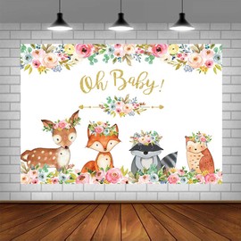 Pink Girl Woodland Animals Baby Shower Backdrops for Photography Watercolor Floral Jungle Animals Oh Baby Background Boho Theme Safari Newborn Baby Birthday Party Supplies Photo Booth Props 5x3ft