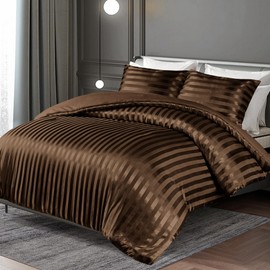 Whale Flotilla 3-Piece Reversible Silky Soft King Size Comforter Set, Luxury Stripe Satin Oversized Comforter Bedding Set with 2 Satin Pillowcases, Lightweight Duvet Set for All Seasons, Brown