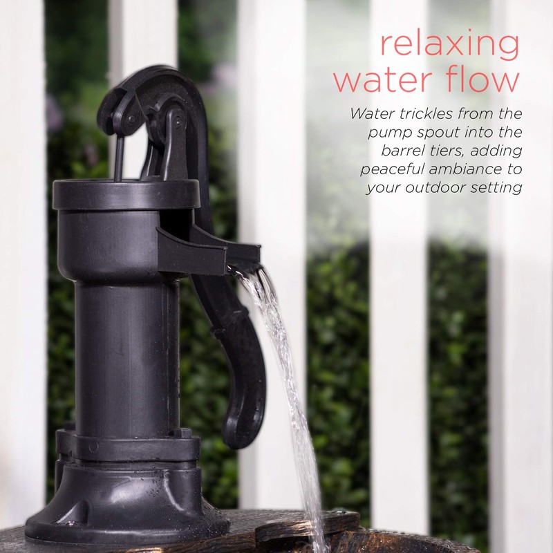Alpine Corporation TIZ194BZ | Rustic Outdoor 2-Tier Barrel Pump Water