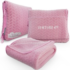 VENTURE 4TH Travel Blanket Pillow – Premium Ultra-Soft & Warm 2-in-1 Blanket or Pillow for Airplane, Car & Bus – Compact, Lightweight & Portable – Lint-Free, No Shedding, No Pilling - Pink