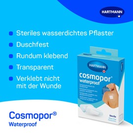 Cosmopor Waterproof: For waterproof, sterile care of injuries and wounds. Even after surgery, skin-friendly and secure adhesion, 7.2 cm x 5 cm, pack of 5