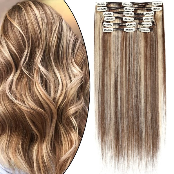 Clip-In Real Hair Extensions Natural Real Hair Double Wefts Thick Real Hair Extensions 8 Pieces 18 Clips/Set (40 cm - 130 g, #6/613 Light Brown/Light Blonde)