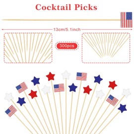 JarThenaAMCS 300Pcs Patriotic Cocktail Pick 4th of July Star American Flag Long Toothpick Red White Blue Food Appetizer Skewer for Independence Day Fruit Drink Dessert Party Supplies