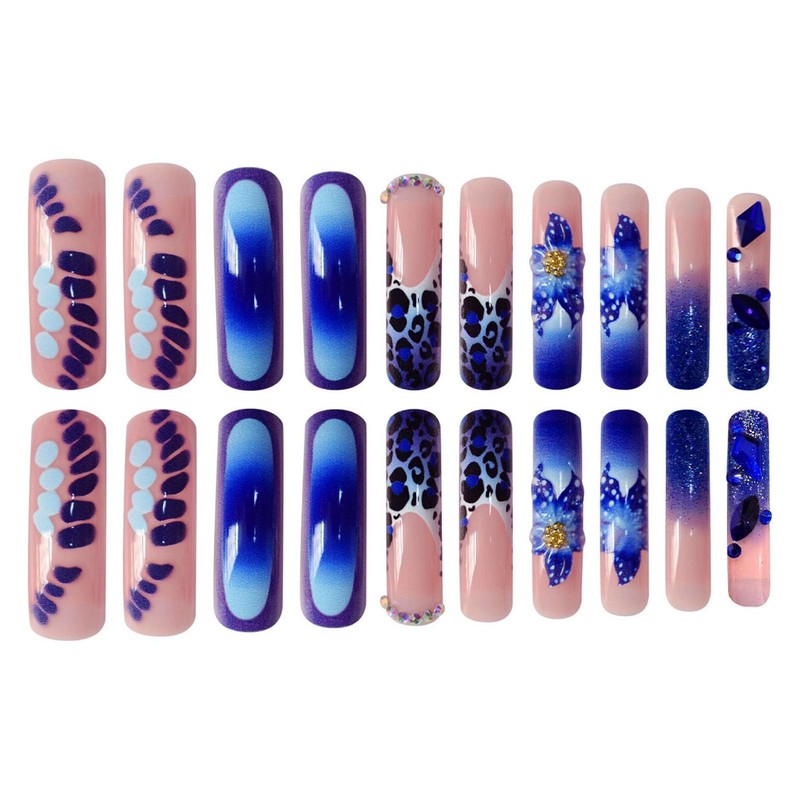 Extra long Press on Nails Curved Nail Tips Blue French