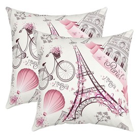 Eiffel Tower Throw Cushion Covers 45 x 45 cm Pink Floral Bedroom Decoration Cushion Covers Romantic Theme Couple Cushion Covers Paris Cityscape Printed Stylish Decorative Cushion Covers for Girls