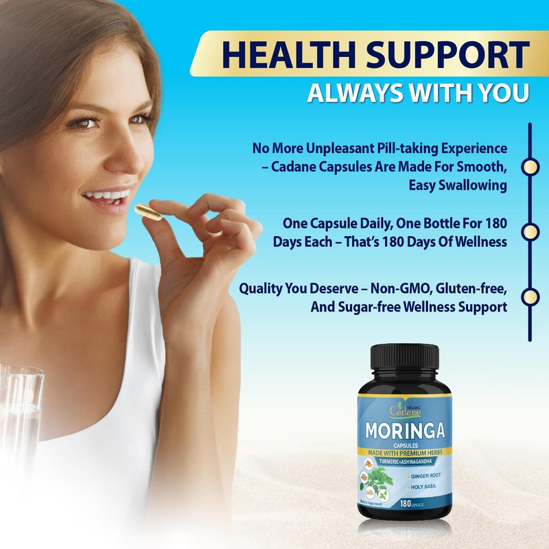 Cadane Moringa Extract Capsules, 6 Months Supply with Ashwagandha Root,