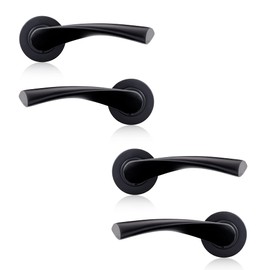 XFORT Matt Black Warped Lever On Rose Door Handles, Twisted Lever Latch Rose Door Handle, Ideal for Internal Wooden Doors for Home and Office (2 Pairs)
