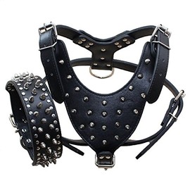 Haoyueer Leather Spiked Studded Medium & Large Dog Collars, Harnesses 2Pcs Matching Set for Pit Bull,Mastiff, Boxer, Bull Terrier