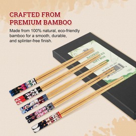 52USA Bamboo Chopsticks Reusable with Case, 5 Pairs–Natural Wooden Chopsticks Gift Set for Sushi, Noodles, Ramen & Asian Cuisine, Classic Japanese Chop sticks Gift Box, 9 Inch/22.9cm, Dishwasher Safe