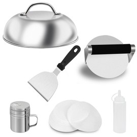 Qcdou Burger Press Kit, Smash Burger Press, 6PCS Flat Top Griddle Accessories Kit, with Smash Burger Press, Burger Flipper, 9'' Cheese Melting Dome, 100 Wax Discs, Spice Bottle, Squeeze Bottle